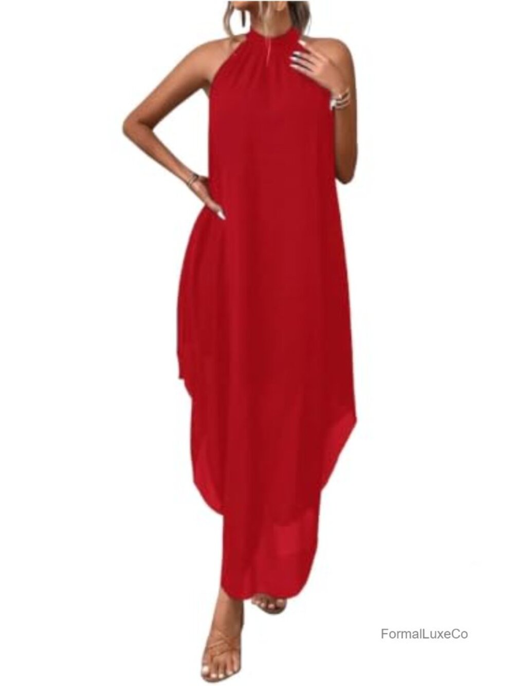 Women's Chiffon Halter Maxi Dress Sleeveless Wedding Guest Flowy A-Line Formal